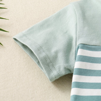 きちんと見えで夏のおしゃれが完成 男の子半袖トップス＆ショートパンツセット ボーダー切替 オープンカラー風 コットン 80~120cm