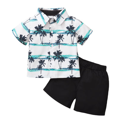 夏のお出かけが一気に爽やかに決まる 男の子ハワイアン半袖シャツ＆ショートパンツセット ヤシの木プリント コットン ライトブルー 18〜24ヶ月〜4〜5歳