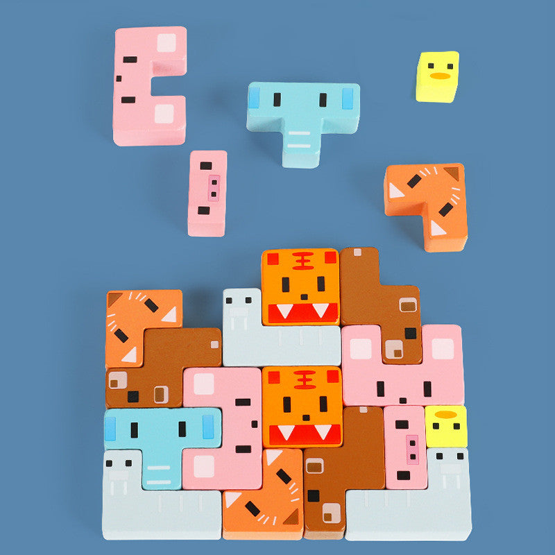 アニマルモチーフ木製ブロックを並べたセットイメージ（形と表情が分かる）
