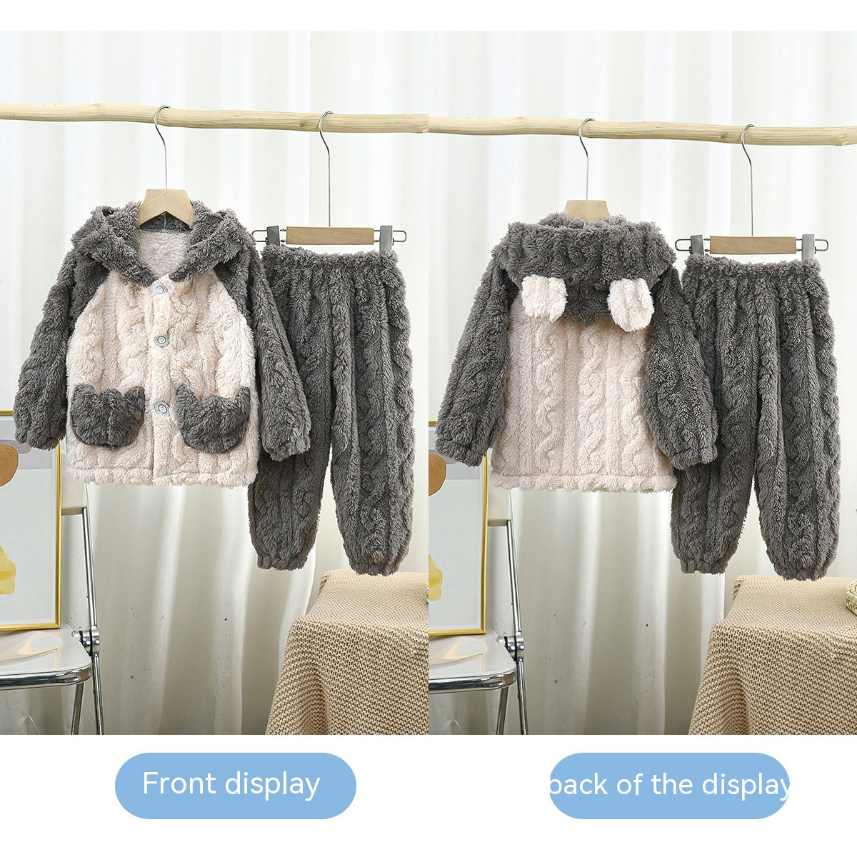 ぬくもりが続く 子どもフランネルフード付きパジャマ上下セット うさぎ耳カートゥーン ジャカード 90~160cm