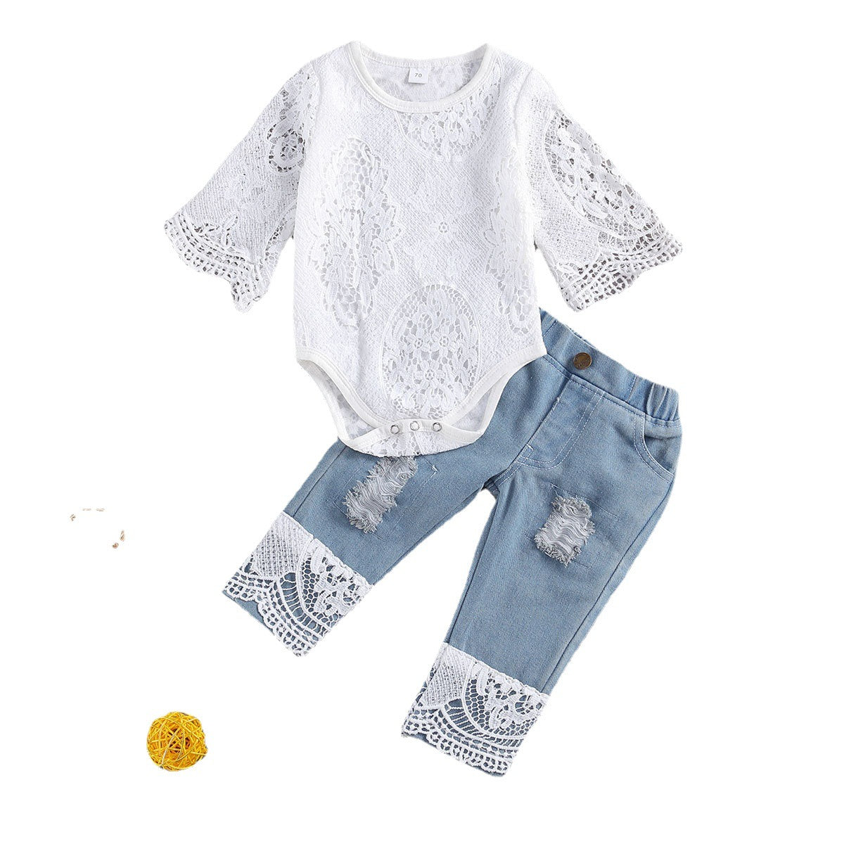 上品レースで夏のおでかけがきまる 女の子半袖ロンパース＆ダメージデニムパンツ2点セット コットン 70~100cm