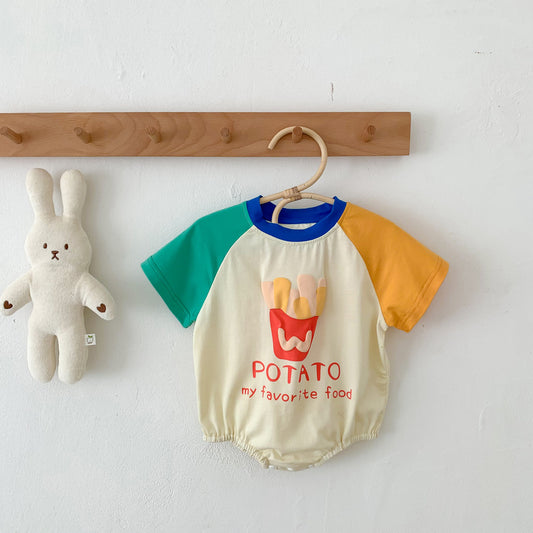 ポテトプリント半袖ベビーボディースーツを正面から撮影
