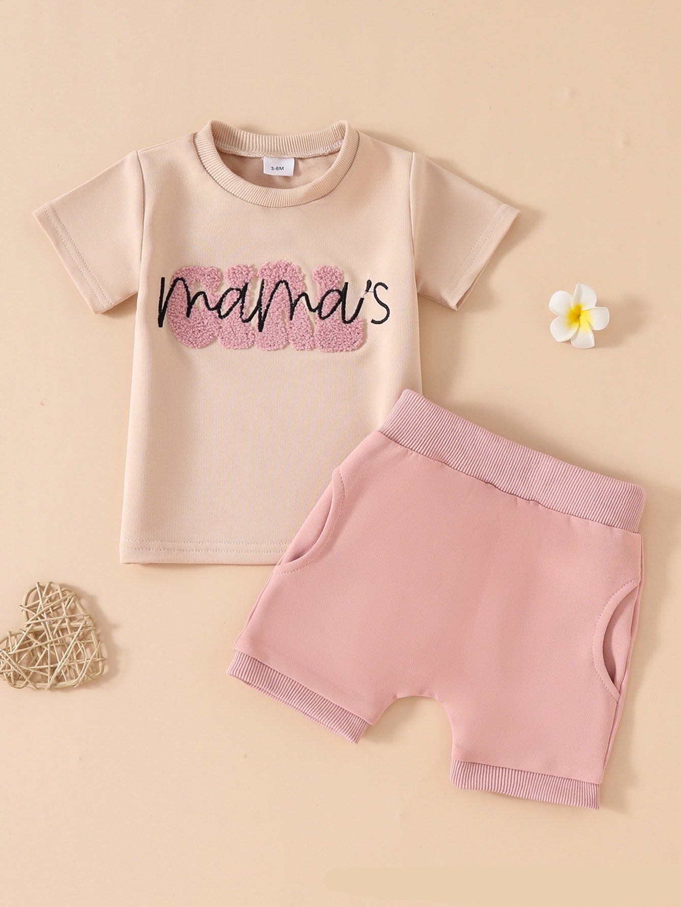 ふんわり刺繍ロゴが映える 女の子半袖トップス＆ポケット付きショートパンツ セットアップ コットン 3-6M~2-3Y