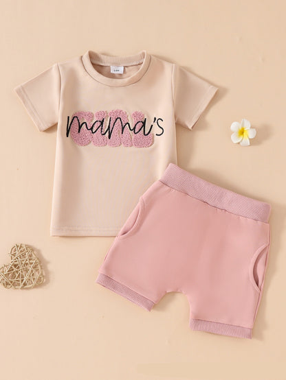 ふんわり刺繍ロゴが映える 女の子半袖トップス＆ポケット付きショートパンツ セットアップ コットン 3-6M~2-3Y