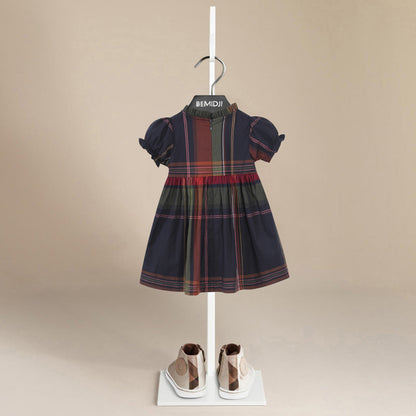 通気性のよいレトロチェックが上品な 女の子プリンセスワンピース ダークブルー コットン 80~120cm