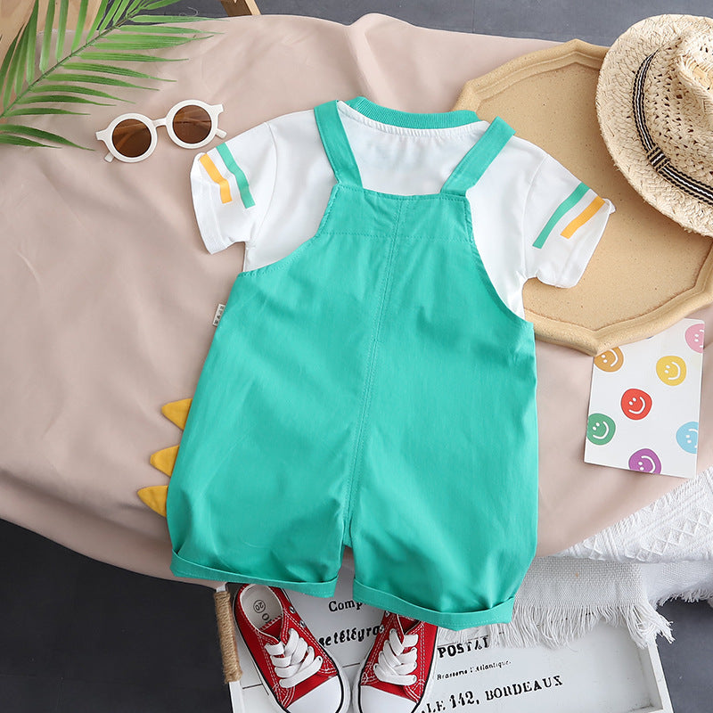 夏のおでかけがもっと楽しくなる 男の子サロペットショーツ上下セット 恐竜プリント コットン 80~120cm