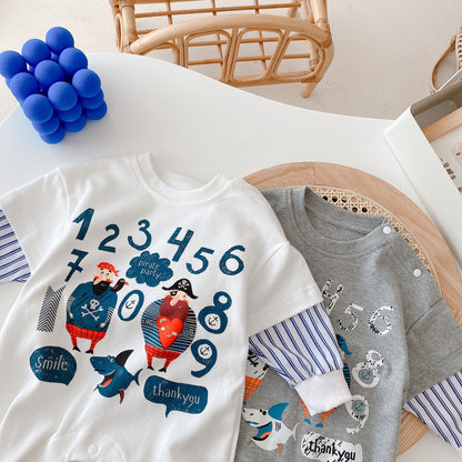 春秋のおでかけがもっと可愛くなる 男の子ベビーカバーオール 重ね着風カートゥーンプリント コットン 長袖 グレー・ホワイト 66~90