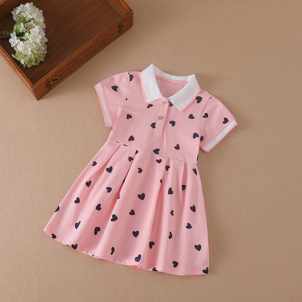 夏のおでかけがきちんと可愛く決まる 女の子ポロワンピース ハート総柄プリント 半袖Aライン 韓国風 90〜130cm