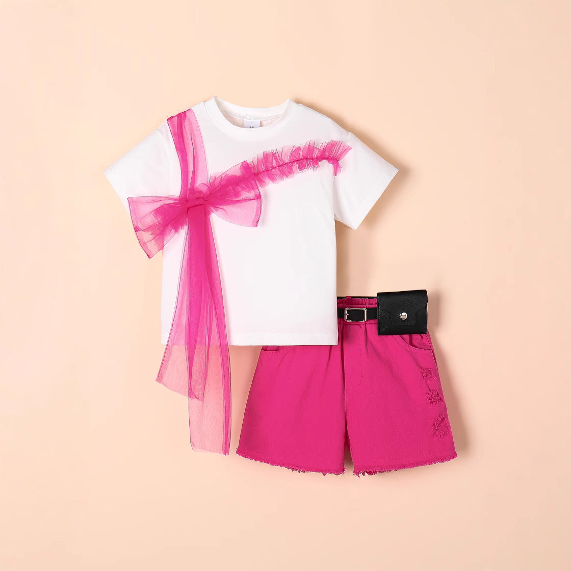 甘さをひとさじプラスできる 女の子半袖Tシャツ＆デニムショートパンツ＆ベルトセット チュールリボンデザイン コットン素材 4~7歳