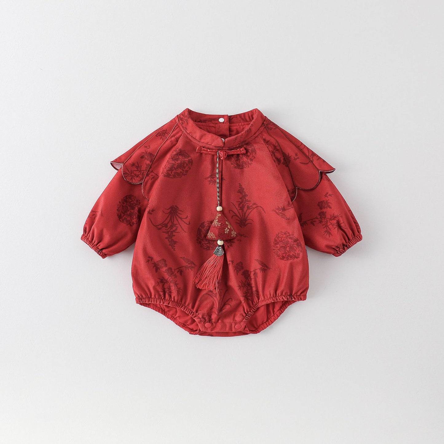 軽やかチャイナ風が映える ベビー三角ロンパース レッド・アプリコット タッセル付き レーヨン 66~90cm