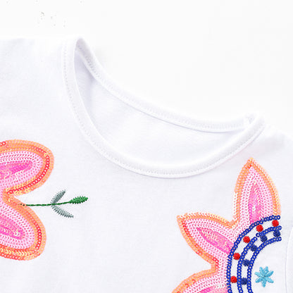 ふんわりチュールでプリンセス気分が高まる 女の子半袖ワンピース 花柄スパンコール ピンク コットン素材 90~140cm