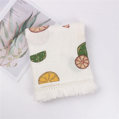 コットンガーゼ タッセルブランケット ライム柄（ベビーガーゼブランケット）
