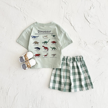 さらっと涼しく動きやすい 子ども半袖Tシャツ＆ショートパンツ上下セット 恐竜プリント×チェック柄 コットン 6〜9ヶ月〜2〜3歳
