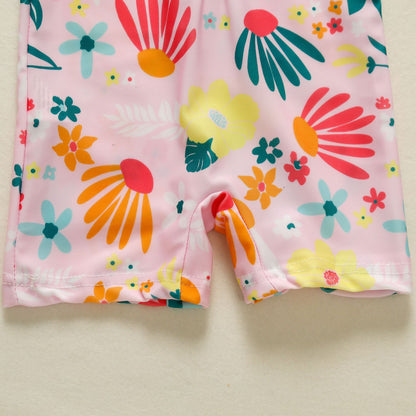 ベビーひまわり花柄 スイムロンパース水着｜半袖ラグラン・ユニセックス 70・80・90・100・110cm