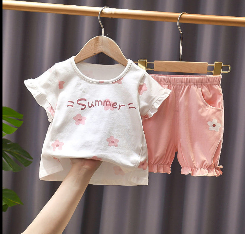 夏の可愛さがぱっと咲く 女の子半袖トップス＆ショートパンツ上下セット 小花柄×「Summer」ロゴ ピンク/イエロー 73〜110cm