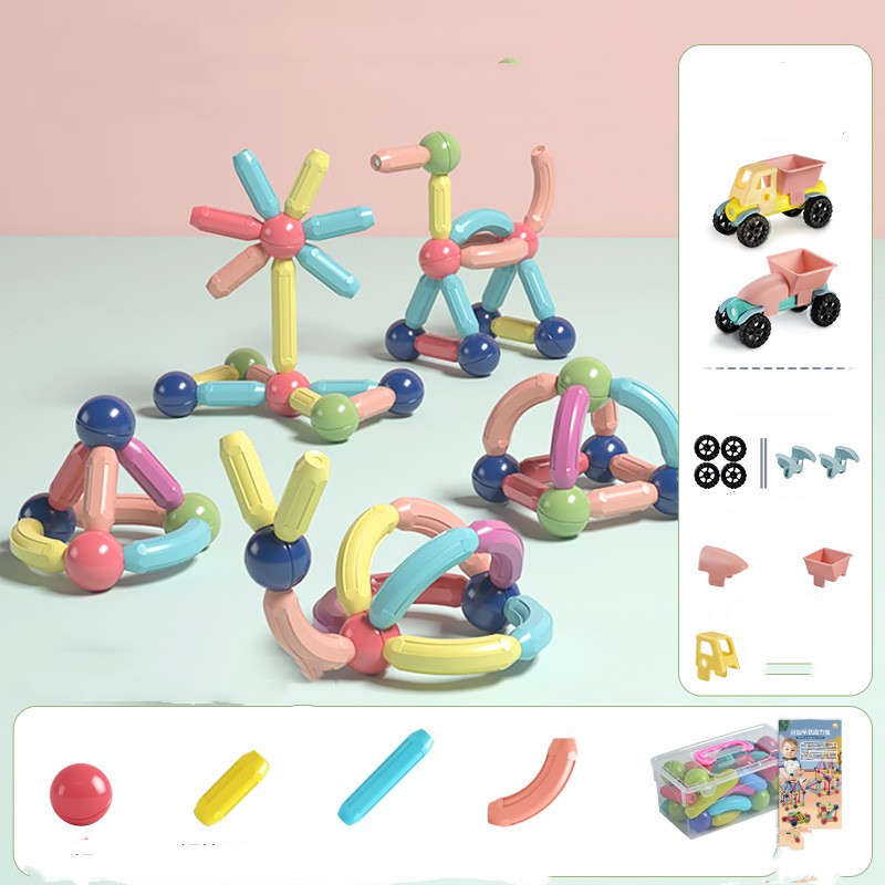 小型モデルの作例と付属パーツが見える磁石ロッドブロックセット
