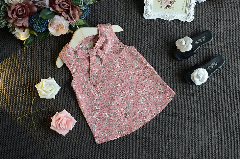 さらっと涼しく上品に決まる 女の子ノースリーブリボンベスト＆ショートパンツ2点セット コットン混 薄手 90〜130cm