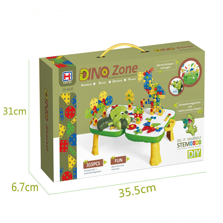 Dino Zoneと印刷された恐竜電動スクリュープレートテーブルのカラーボックスとサイズ表記入りパッケージ画像
