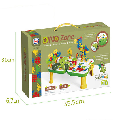 Dino Zoneと印刷された恐竜電動スクリュープレートテーブルのカラーボックスとサイズ表記入りパッケージ画像
