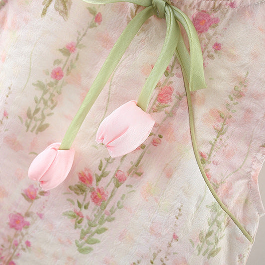 やさしい花柄でふんわり可憐に映える 女の子チャイナ風ワンピース フライングスリーブ 立ち襟リボン コットン ピンク 80~120cm