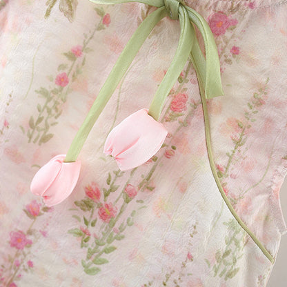 やさしい花柄でふんわり可憐に映える 女の子チャイナ風ワンピース フライングスリーブ 立ち襟リボン コットン ピンク 80~120cm