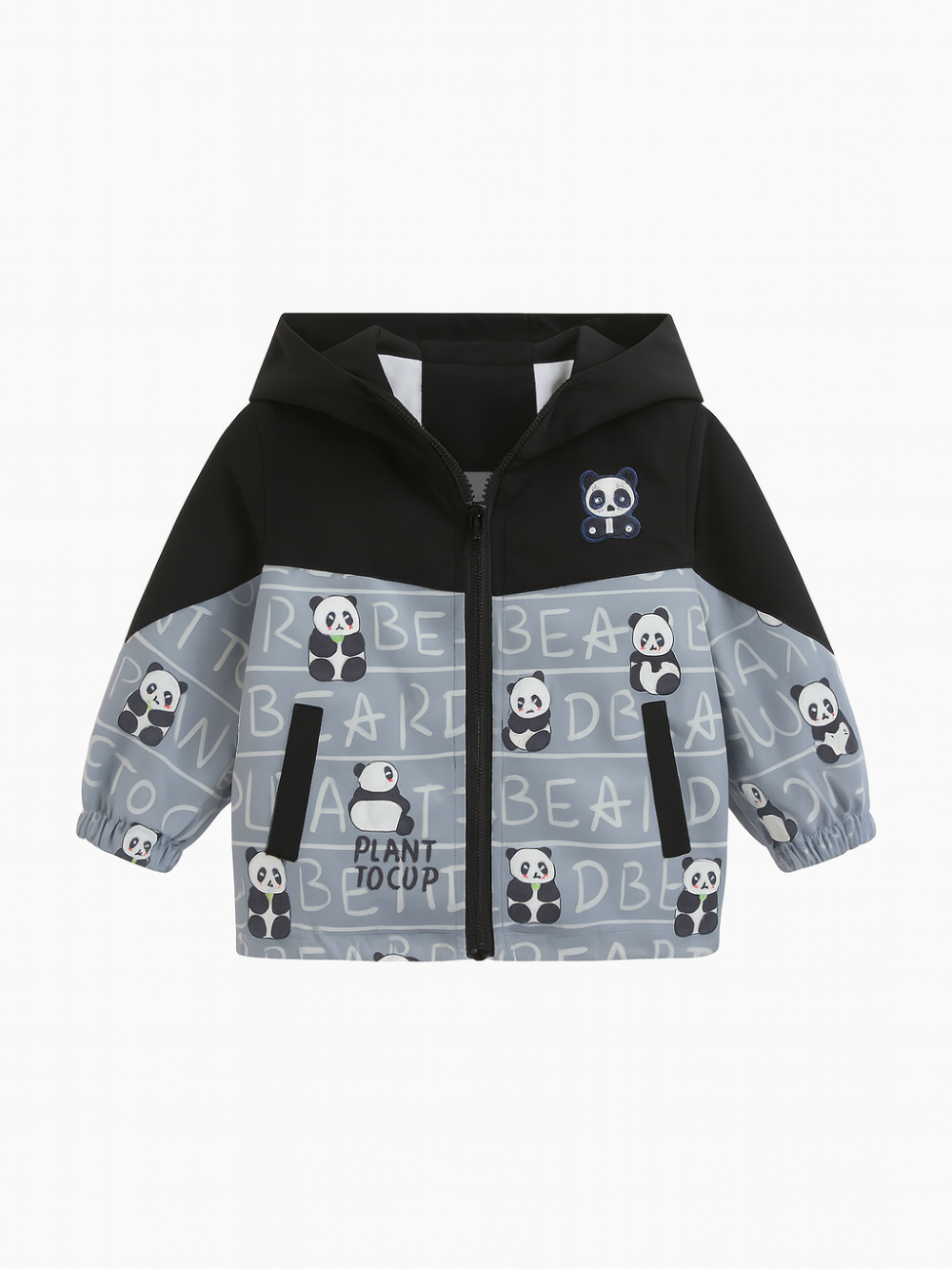 ホワイト背景に映えるパンダ柄グレーカラー男の子用フード付きジップジャケット前面
