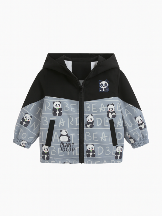 ホワイト背景に映えるパンダ柄グレーカラー男の子用フード付きジップジャケット前面
