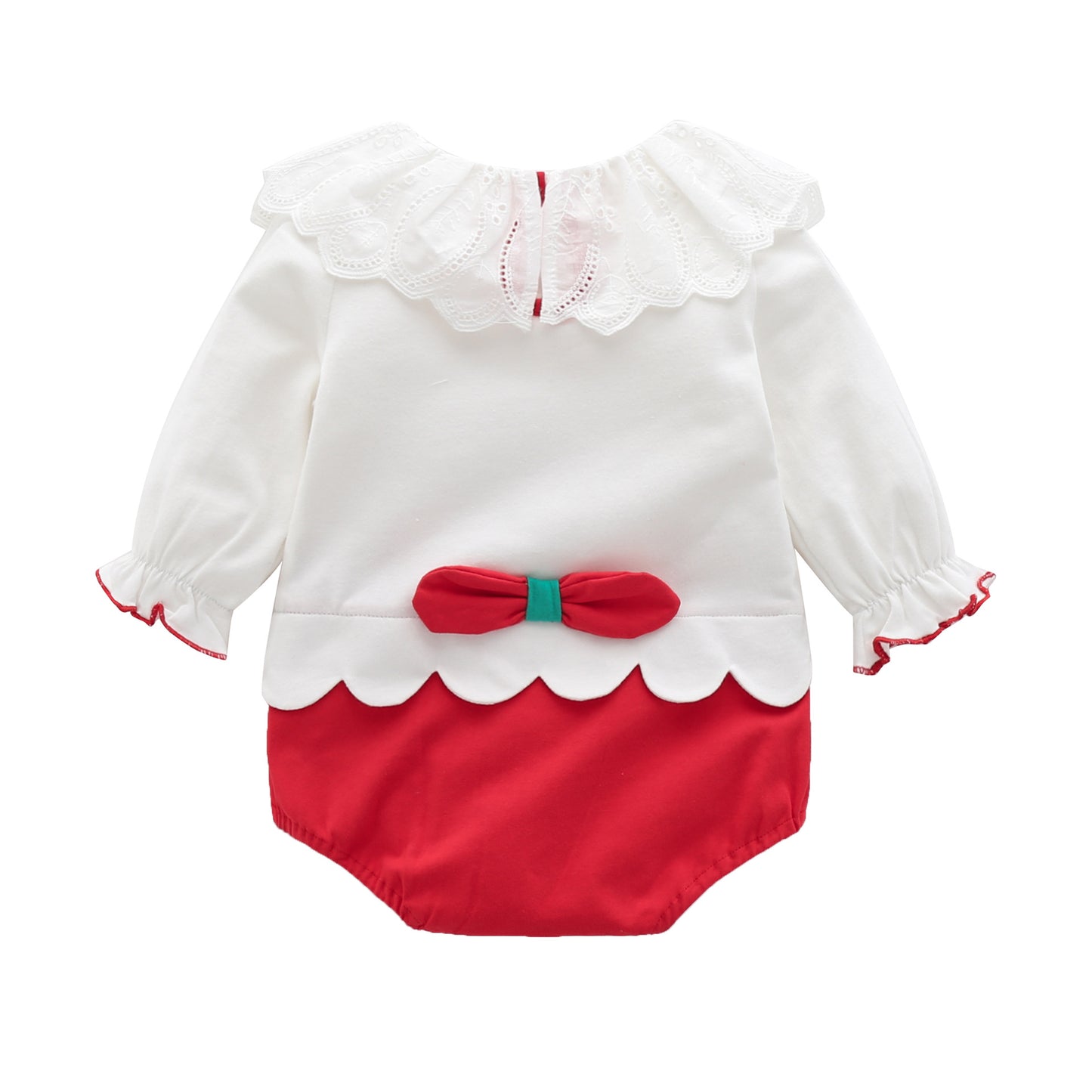 レッド大いちごの長袖コットンボディスーツ 背面デザインが分かる全体イメージ
