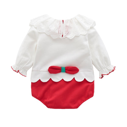 レッド大いちごの長袖コットンボディスーツ 背面デザインが分かる全体イメージ
