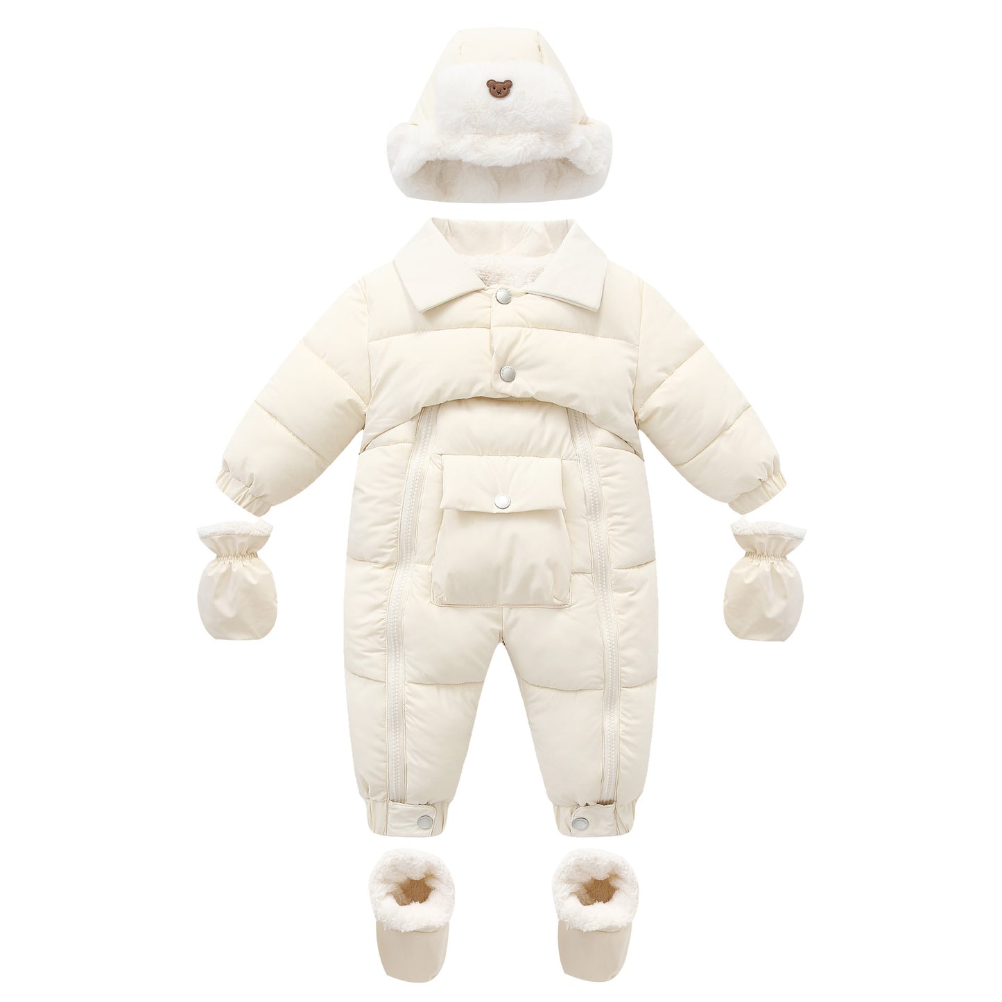 収納前にたたんで積み重ねた4色の中綿ベビーロンパースを写した写真
