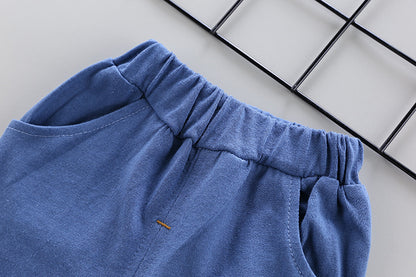 元気いっぱいに映える 子ども半袖上下セット 恐竜カートゥーンアップリケ 五分丈ショーツ コットン95% 80~110cm