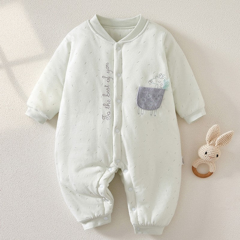 ぬくもりに包まれて安心して過ごせる ベビーカバーオール 総柄プリント スタンドカラー 前開きボタン コットン厚手 66~90cm