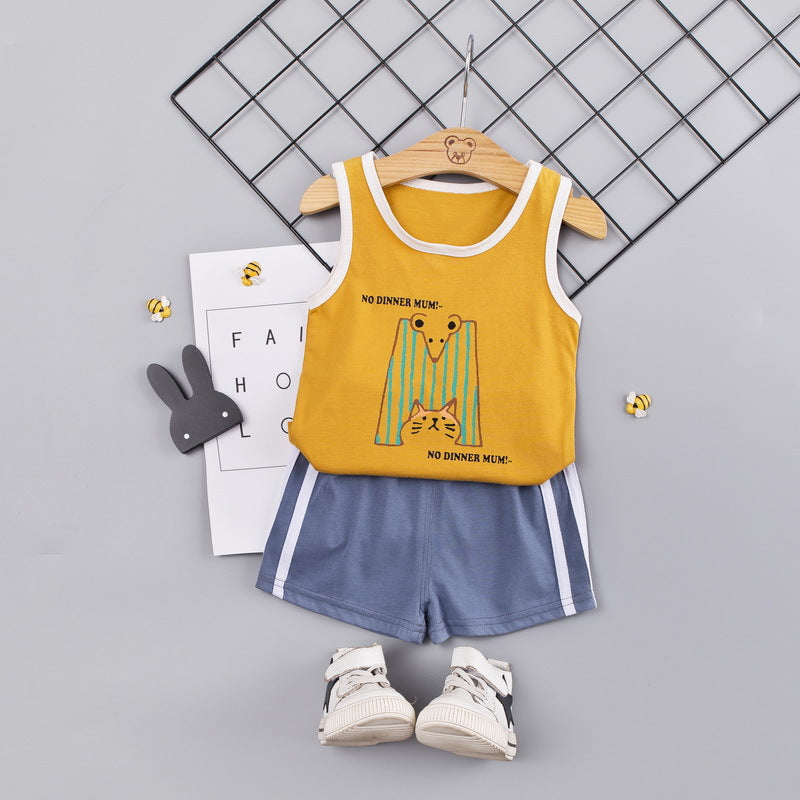 涼しく動きやすい 子どもノースリーブ上下セット 猫とねずみカートゥーンプリント ショートパンツ コットン95% 80~110cm