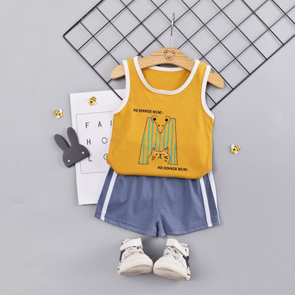 涼しく動きやすい 子どもノースリーブ上下セット 猫とねずみカートゥーンプリント ショートパンツ コットン95% 80~110cm