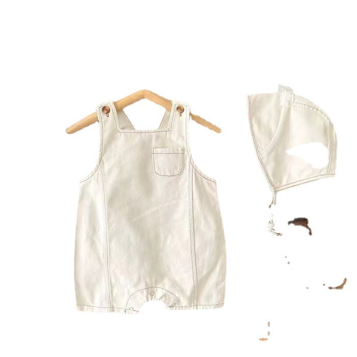 夏のおでかけがもっと可愛くなる 赤ちゃんユニセックス デニムサロペット風オーバーオール 帽子付き ノースリーブ コットン アプリコット・ブルー 66~90cm