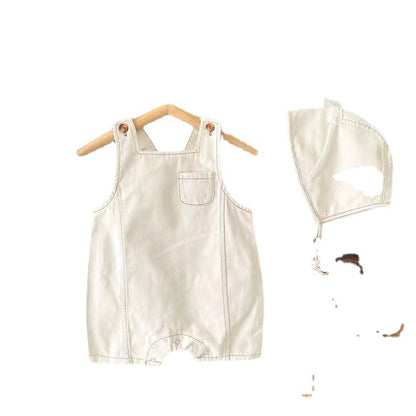 夏のおでかけがもっと可愛くなる 赤ちゃんユニセックス デニムサロペット風オーバーオール 帽子付き ノースリーブ コットン アプリコット・ブルー 66~90cm