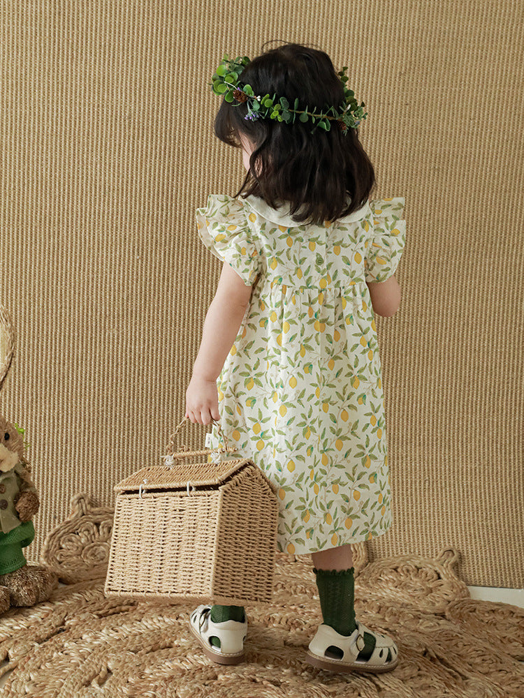 夏のレモンフルーツ柄で涼やかに可愛くまとまる 女の子半袖ワンピース 丸襟フリルスリーブ コットン 80~130cm