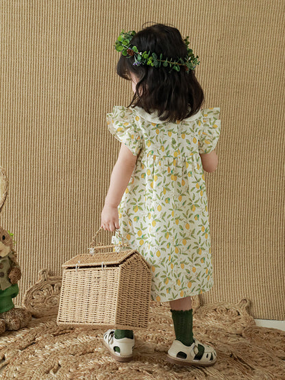 夏のレモンフルーツ柄で涼やかに可愛くまとまる 女の子半袖ワンピース 丸襟フリルスリーブ コットン 80~130cm