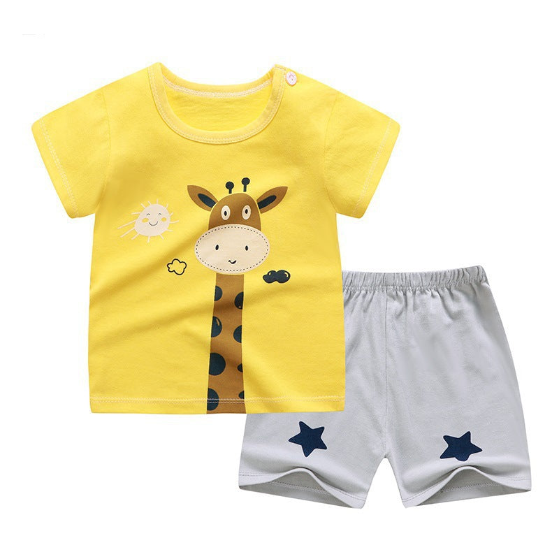 さらっと快適に夏を楽しめる 子ども半袖Tシャツ＆ショートパンツセット キリンカートゥーンプリント コットン85% 70〜130cm