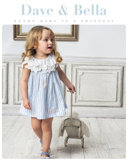 清楚ストライプで写真映えする 女の子ノースリーブワンピース ブルー×ホワイト縞柄 立体襟デザイン コットン100% 66~130cm