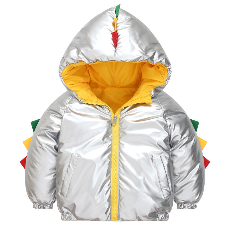 あったか恐竜モチーフで冬のおでかけが楽しくなる 男の子フード付き中綿ジャケット カートゥーン恐竜プリント 厚手 ポリエステル中綿 90~130cm