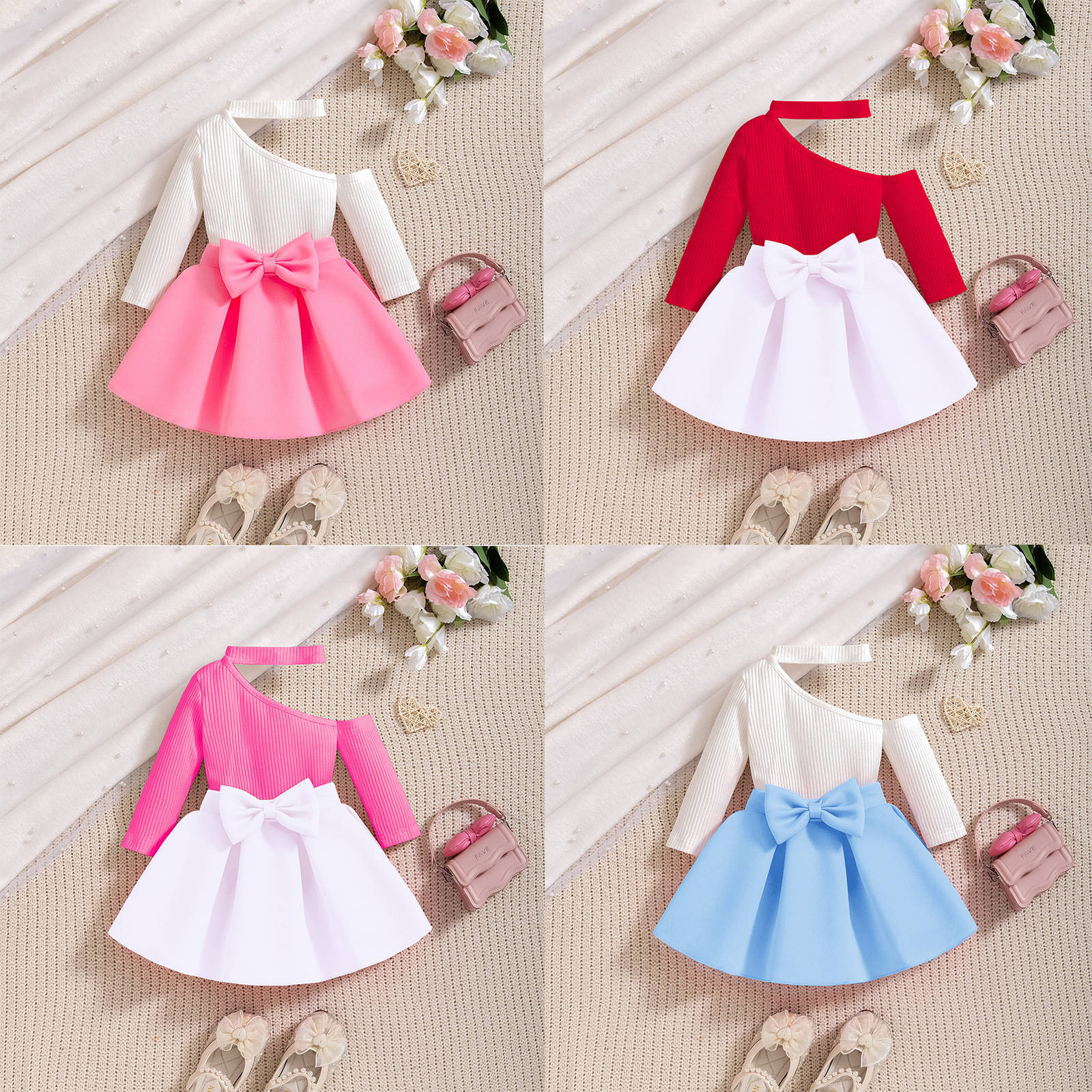 女の子用リボンフリルワンピースとスカートの2点セット全体画像
