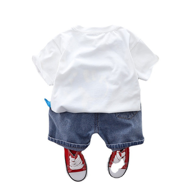 夏のお出かけが楽しくなる 子ども半袖Tシャツ&デニムショートパンツ上下2点セット 恐竜カートゥーンプリント コットン 80~120cm