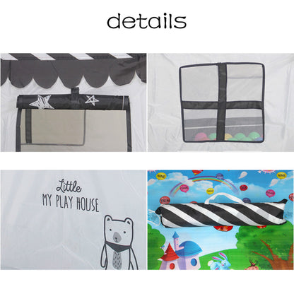 キッズプレイハウステントのディテール 窓デザインと生地感と屋根部分の拡大イメージ
