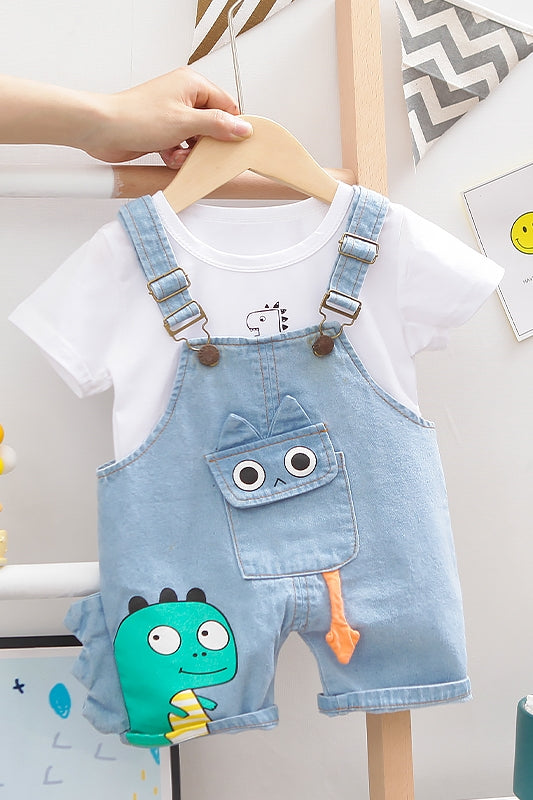 元気に動ける 子ども半袖Tシャツ＆サロペットショートパンツセット 恐竜モチーフ デニム調 70~110cm
