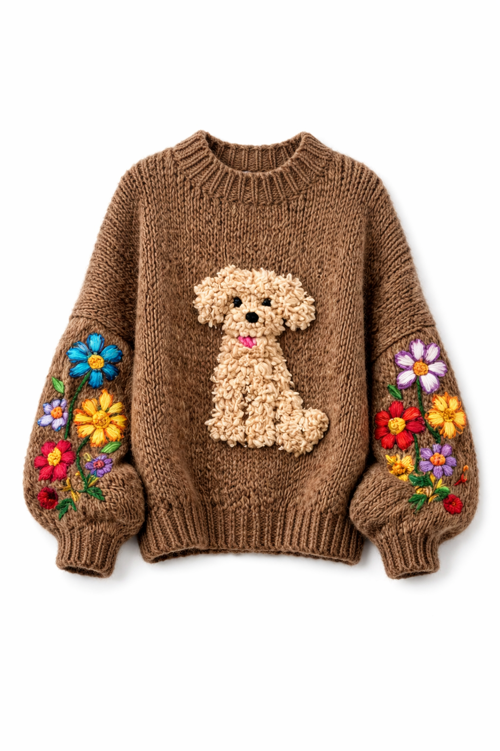 立体犬モチーフ＆フラワー刺繍 アートスウェット XS〜XL