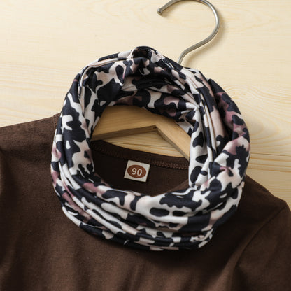 秋のおしゃれが一気に完成する 女の子長袖トップス＆レギンス＆スヌード3点セット ターキープリント×レオパード コットン 80〜120cm