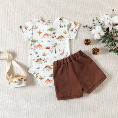 やさしい肌あたりで夏を快適に 男の子半袖ロンパース&ショートパンツセット 恐竜柄 コットン95% 70~100cm