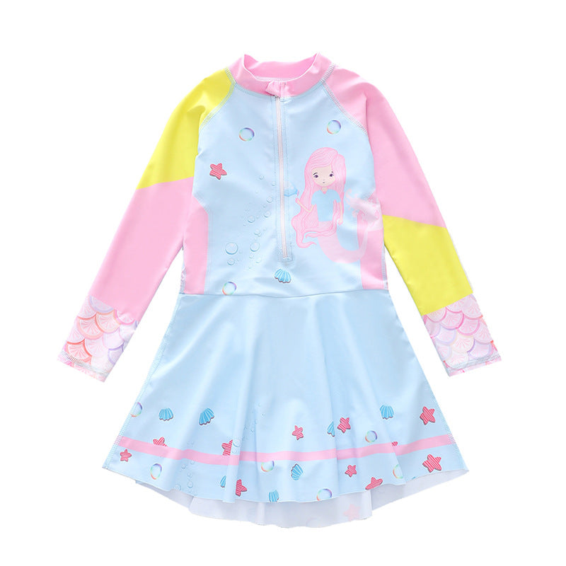 キッズ女の子 長袖ドレス風ワンピース水着 マーメイド柄 ハーフジップ 速乾ポリエステル 3〜14歳