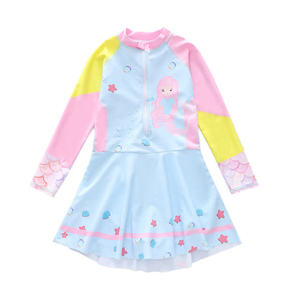 キッズ女の子 長袖ドレス風ワンピース水着 マーメイド柄 ハーフジップ 速乾ポリエステル 3〜14歳